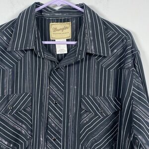 Wrangler Western Shirt Mens 2XL Big Black Silver Metallic Stripe Pearl‎ Snap